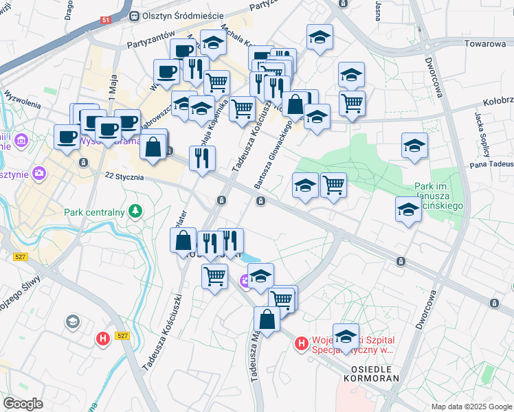 map of restaurants, bars, coffee shops, grocery stores, and more near 36 aleja Marszałka Józefa Piłsudskiego in Olsztyn