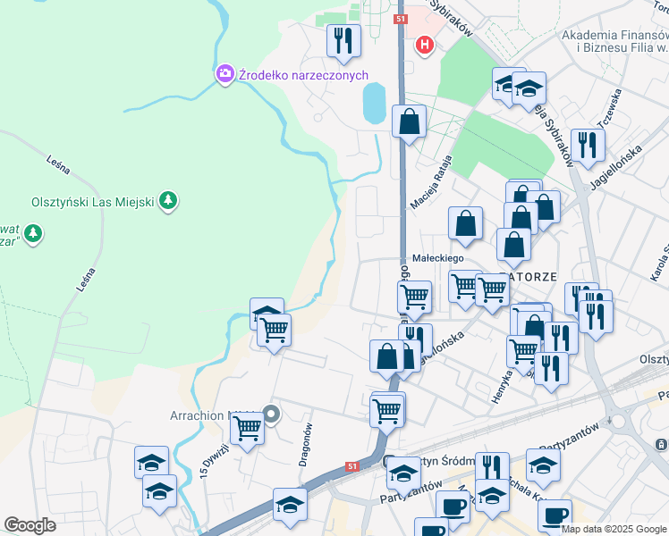 map of restaurants, bars, coffee shops, grocery stores, and more near in Olsztyn