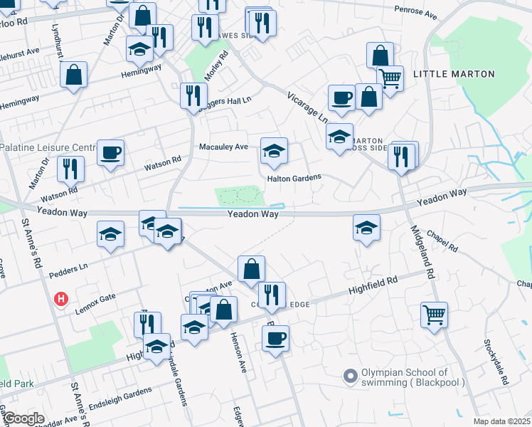 map of restaurants, bars, coffee shops, grocery stores, and more near Yeadon Way in Blackpool