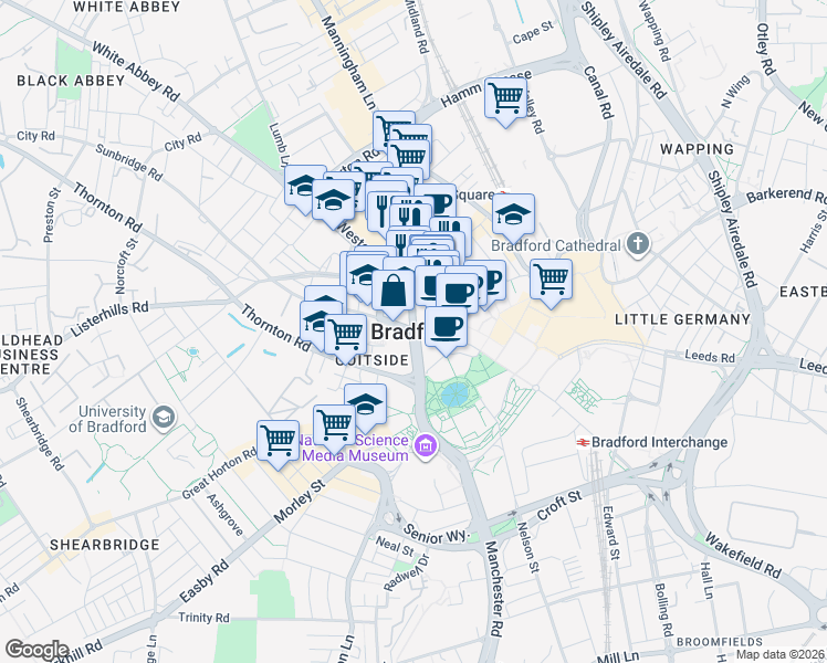 map of restaurants, bars, coffee shops, grocery stores, and more near in Bradford