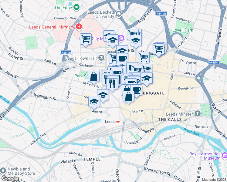 map of restaurants, bars, coffee shops, grocery stores, and more near Wine Street in West Yorkshire