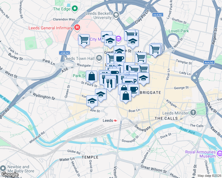map of restaurants, bars, coffee shops, grocery stores, and more near Wine Street in West Yorkshire