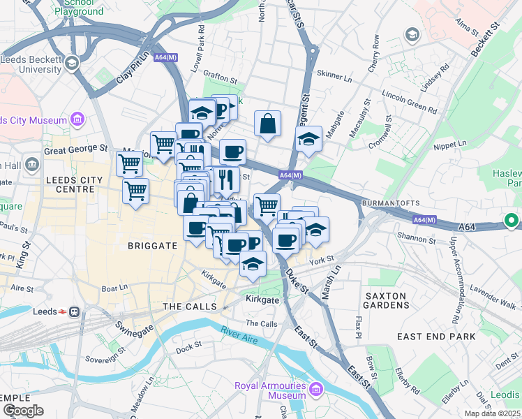 map of restaurants, bars, coffee shops, grocery stores, and more near City Centre Loop in Leeds