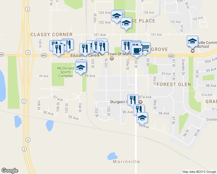 map of restaurants, bars, coffee shops, grocery stores, and more near 10114 98 Avenue in Morinville
