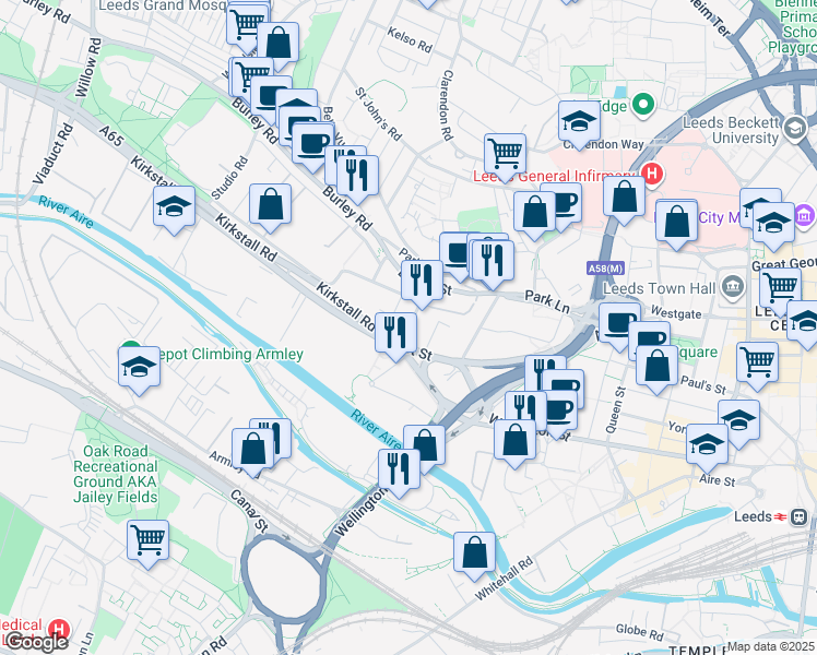 map of restaurants, bars, coffee shops, grocery stores, and more near Bingley Street in West Yorkshire