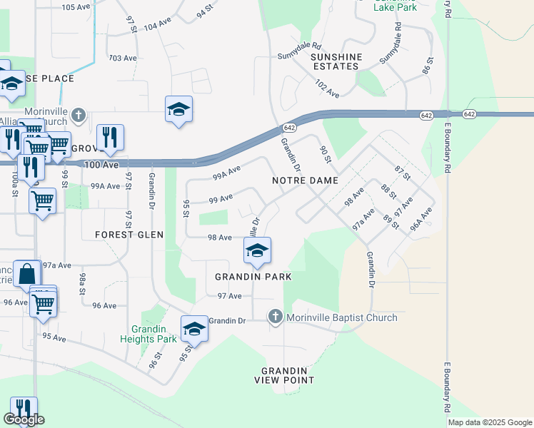 map of restaurants, bars, coffee shops, grocery stores, and more near 9225 Morinville Drive in Morinville