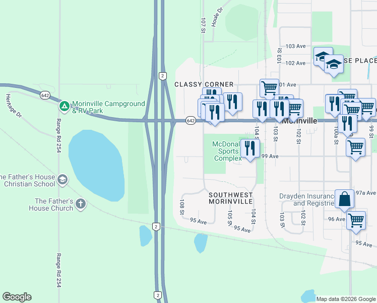 map of restaurants, bars, coffee shops, grocery stores, and more near 10706 99 Avenue in Morinville
