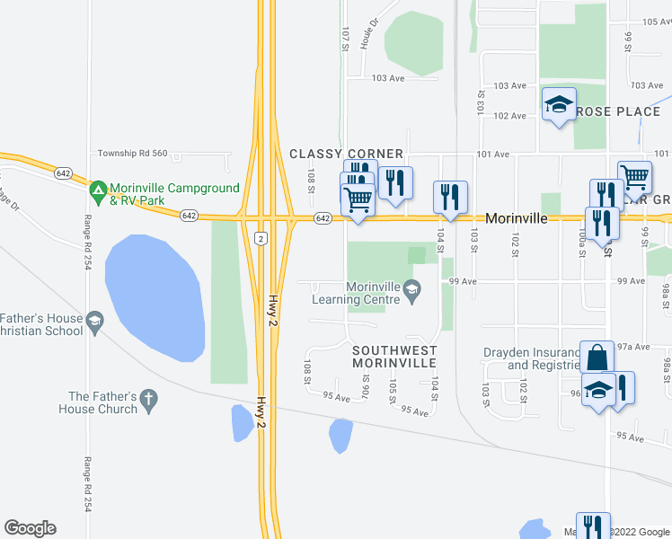 map of restaurants, bars, coffee shops, grocery stores, and more near 10702 99 Avenue in Morinville