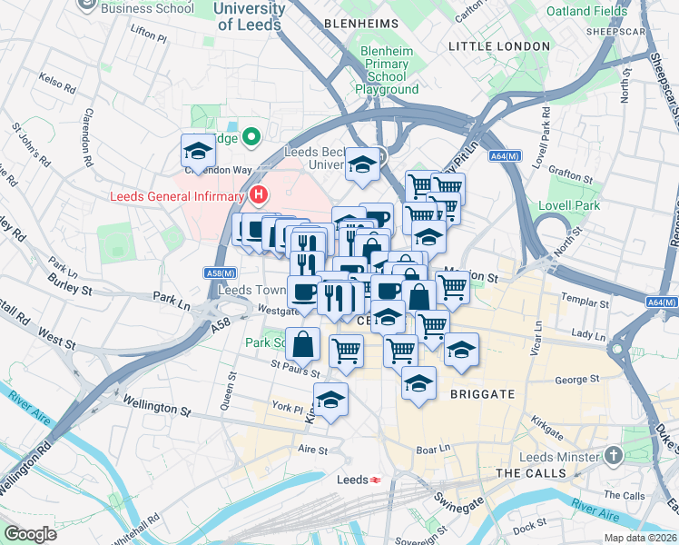 map of restaurants, bars, coffee shops, grocery stores, and more near in Leeds