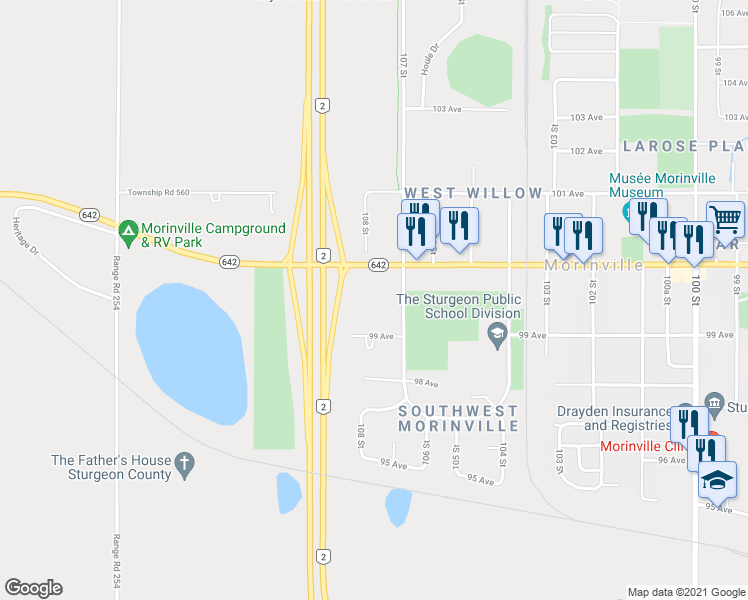 map of restaurants, bars, coffee shops, grocery stores, and more near 10702 99 Avenue in Morinville
