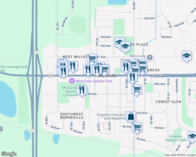map of restaurants, bars, coffee shops, grocery stores, and more near in Morinville