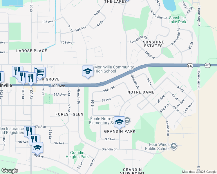 map of restaurants, bars, coffee shops, grocery stores, and more near 9310 99A Avenue in Morinville