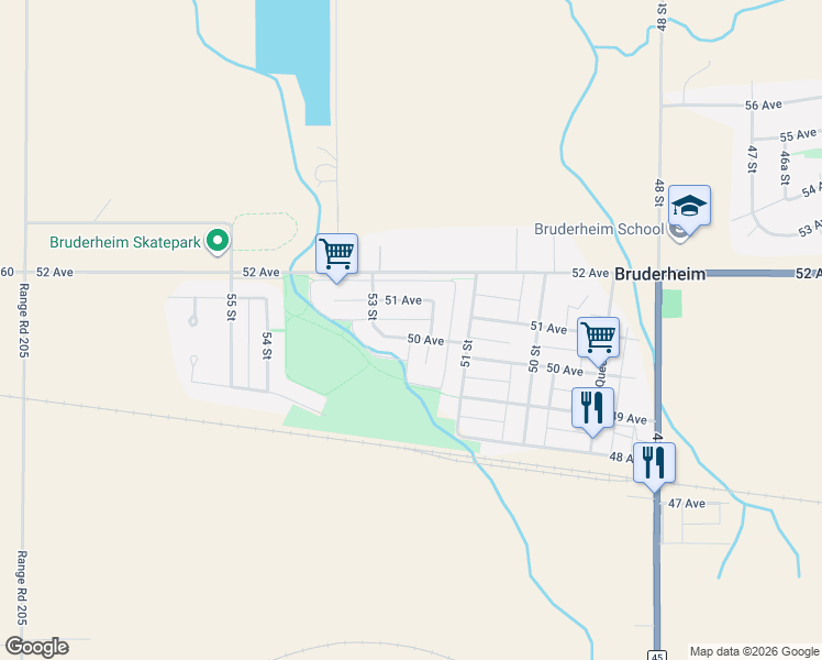 map of restaurants, bars, coffee shops, grocery stores, and more near 5220 50 Avenue in Bruderheim
