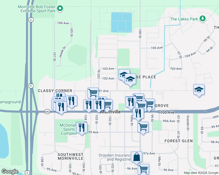 map of restaurants, bars, coffee shops, grocery stores, and more near 10111 101 Avenue in Morinville
