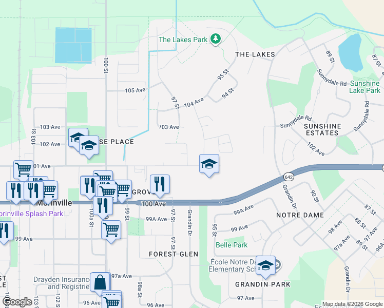 map of restaurants, bars, coffee shops, grocery stores, and more near 10102 96 Street in Morinville