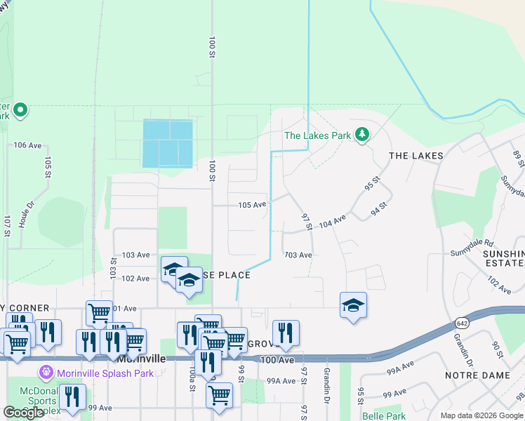 map of restaurants, bars, coffee shops, grocery stores, and more near 10404 98 Street in Morinville