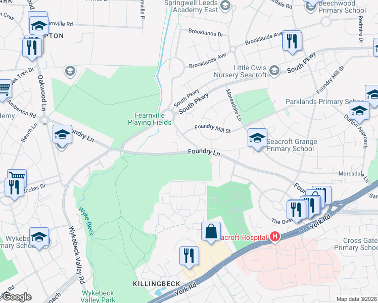 map of restaurants, bars, coffee shops, grocery stores, and more near Foundry Lane in West Yorkshire