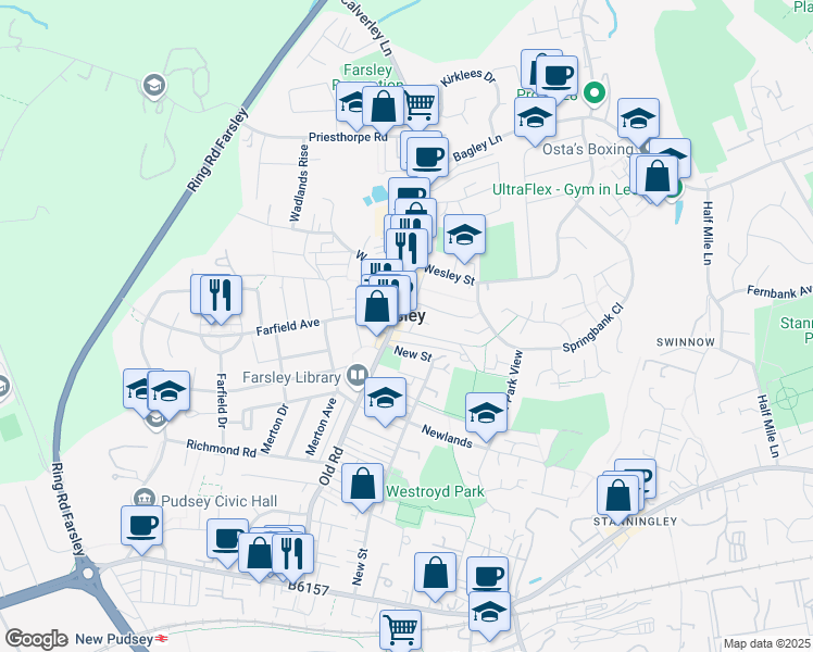 map of restaurants, bars, coffee shops, grocery stores, and more near Old Fold in Farsley