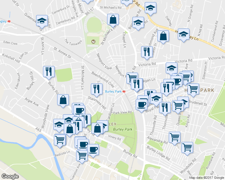 map of restaurants, bars, coffee shops, grocery stores, and more near Beechwood Road in West Yorkshire