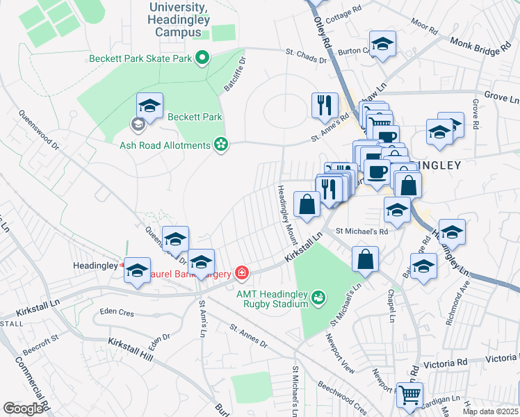 map of restaurants, bars, coffee shops, grocery stores, and more near Estcourt Avenue in West Yorkshire