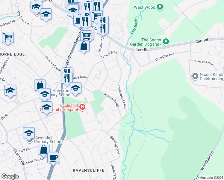 map of restaurants, bars, coffee shops, grocery stores, and more near Rokeby Gardens in West Yorkshire