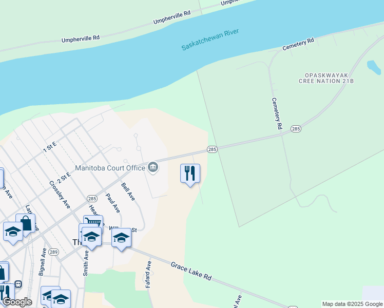map of restaurants, bars, coffee shops, grocery stores, and more near Ralls Island Road in The Pas