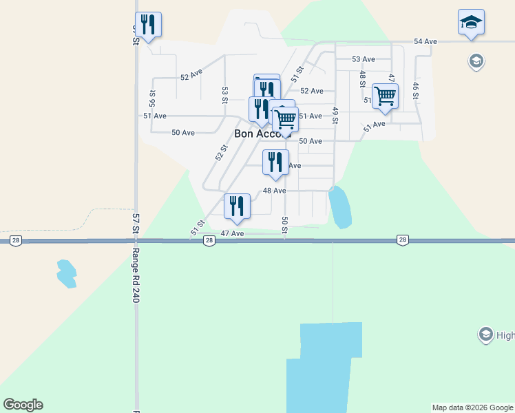 map of restaurants, bars, coffee shops, grocery stores, and more near 5016 47 Avenue in Bon Accord
