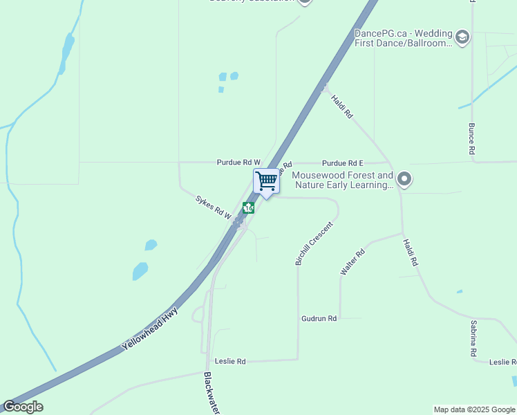 map of restaurants, bars, coffee shops, grocery stores, and more near Highway 16 Frontage Road West in Prince George