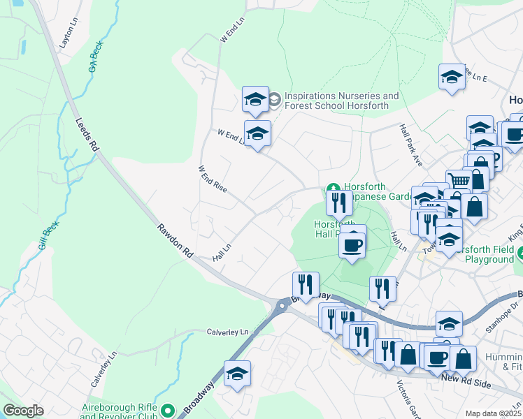 map of restaurants, bars, coffee shops, grocery stores, and more near Hall Lane in Horsforth