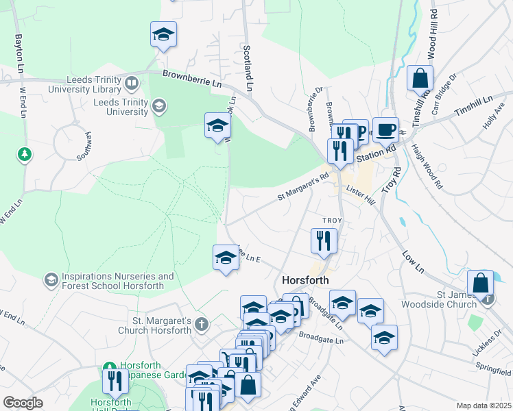 map of restaurants, bars, coffee shops, grocery stores, and more near Saint Margaret's Road in Horsforth