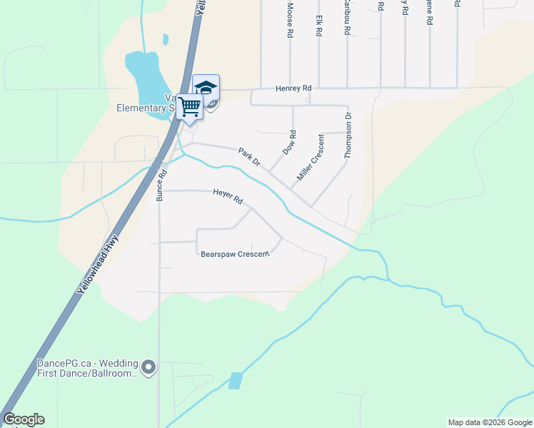 map of restaurants, bars, coffee shops, grocery stores, and more near 5559 Heyer Road in Prince George
