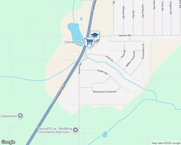 map of restaurants, bars, coffee shops, grocery stores, and more near 5772 Heyer Road in Prince George