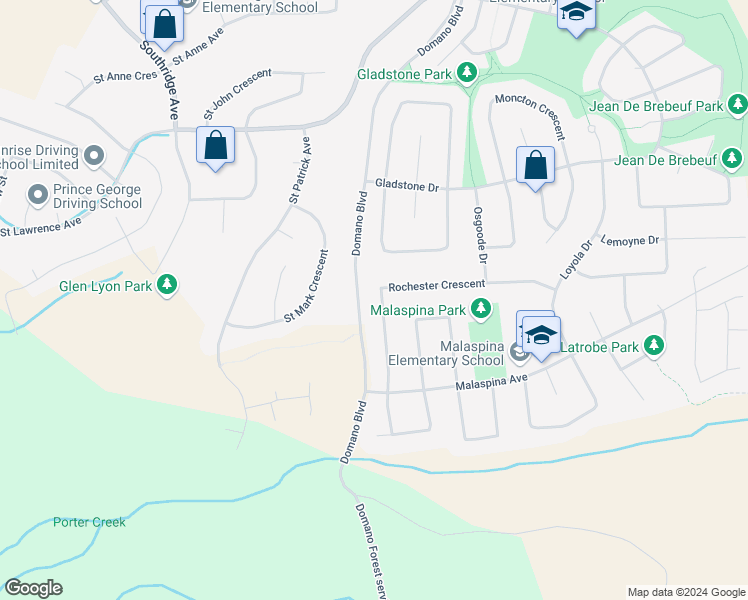 map of restaurants, bars, coffee shops, grocery stores, and more near 8069 Rochester Crescent in Prince George