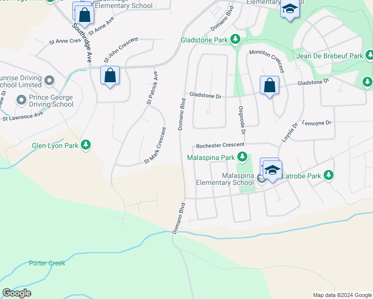 map of restaurants, bars, coffee shops, grocery stores, and more near 8069 Rochester Crescent in Prince George