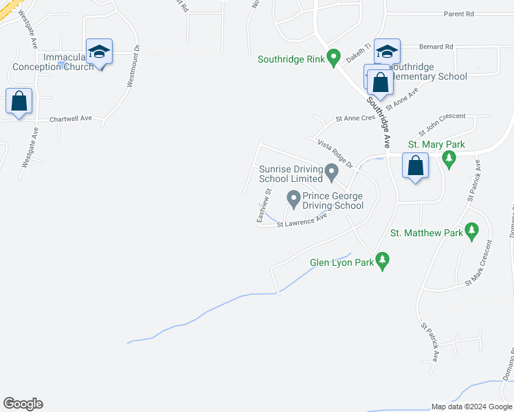 map of restaurants, bars, coffee shops, grocery stores, and more near 7659 Eastview Street in Prince George