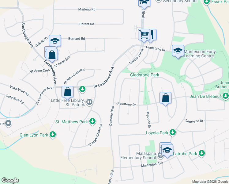 map of restaurants, bars, coffee shops, grocery stores, and more near Domano Boulevard in Prince George