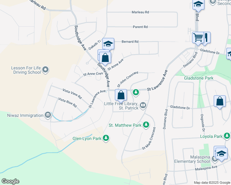 map of restaurants, bars, coffee shops, grocery stores, and more near 7515 Saint Kevin Place in Prince George