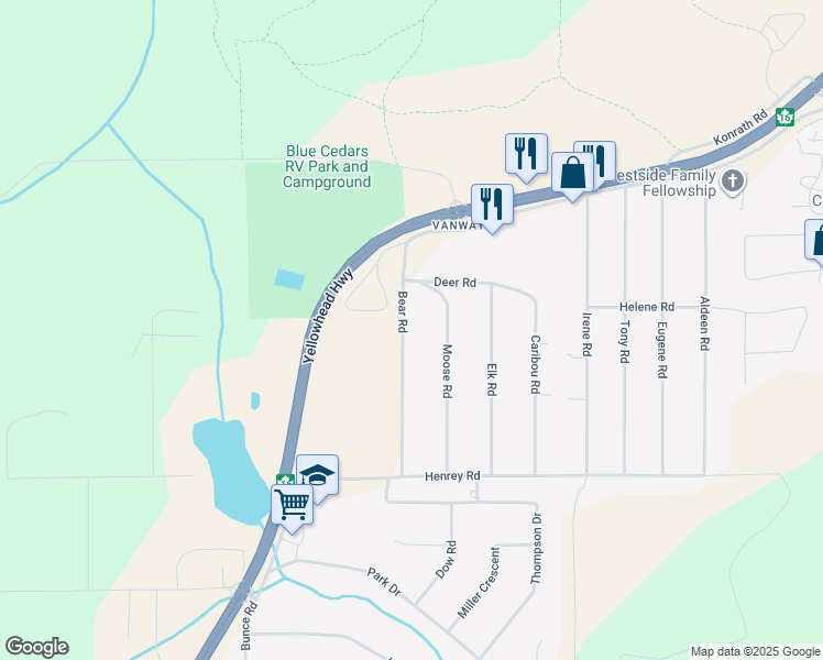 map of restaurants, bars, coffee shops, grocery stores, and more near 7186 Bear Road in Prince George