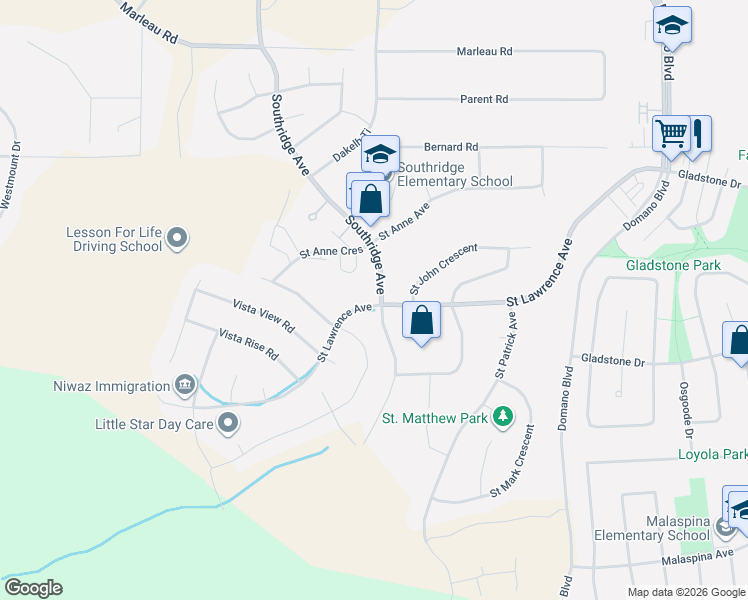 map of restaurants, bars, coffee shops, grocery stores, and more near 7491 Southridge Avenue in Prince George