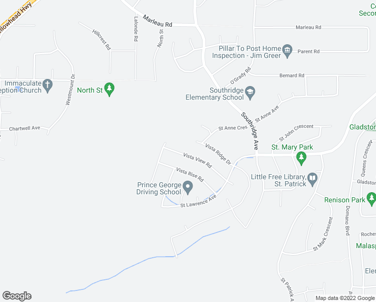 map of restaurants, bars, coffee shops, grocery stores, and more near 3259 Vista View Road in Prince George