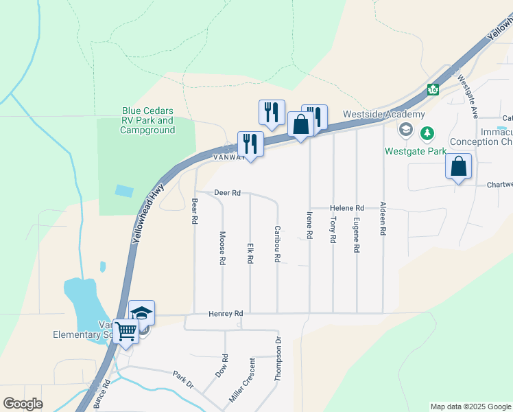 map of restaurants, bars, coffee shops, grocery stores, and more near 7106 Elk Road in Prince George