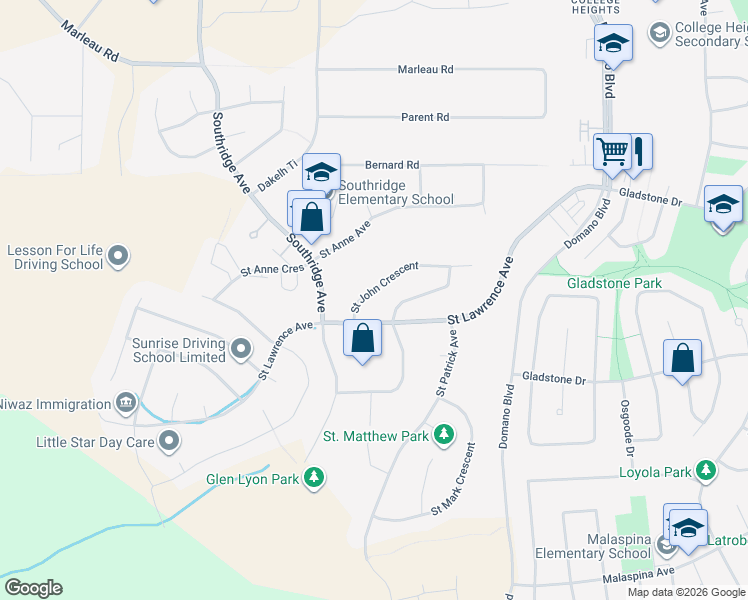 map of restaurants, bars, coffee shops, grocery stores, and more near 8251 Saint John Crescent in Prince George