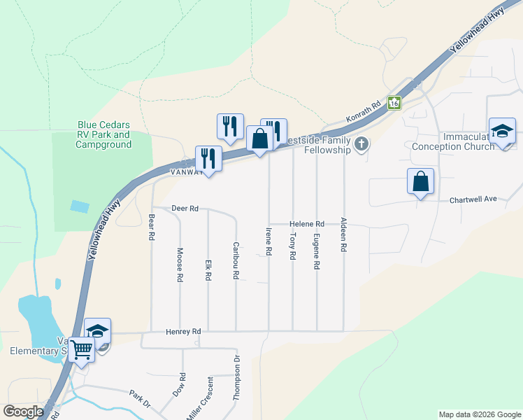 map of restaurants, bars, coffee shops, grocery stores, and more near 7081 Irene Road in Prince George