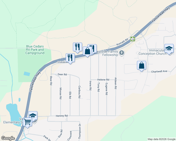 map of restaurants, bars, coffee shops, grocery stores, and more near 7023 Irene Road in Prince George