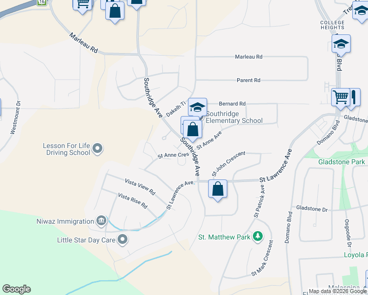 map of restaurants, bars, coffee shops, grocery stores, and more near 7255 Southridge Avenue in Prince George