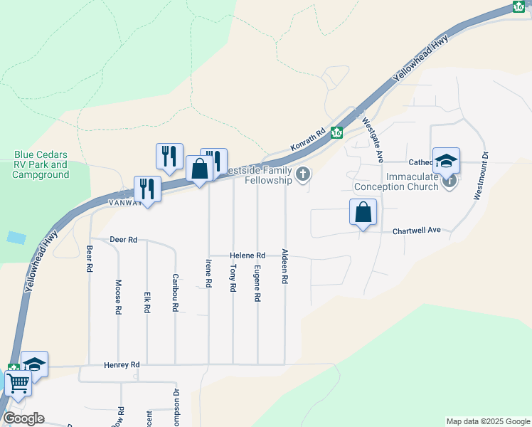 map of restaurants, bars, coffee shops, grocery stores, and more near 6946 Eugene Road in Prince George