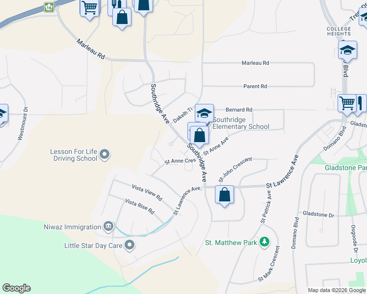 map of restaurants, bars, coffee shops, grocery stores, and more near 7215 Southridge Avenue in Prince George
