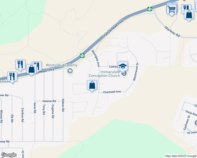 map of restaurants, bars, coffee shops, grocery stores, and more near Westgate Avenue in Prince George
