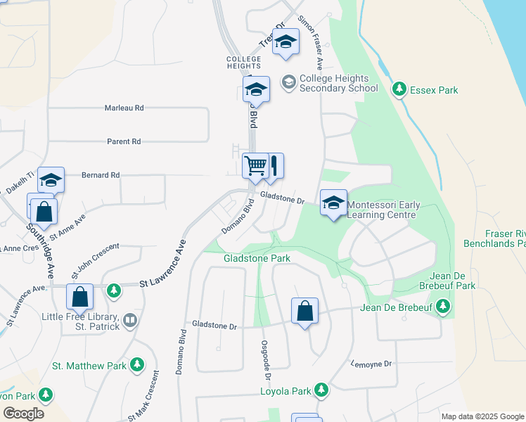 map of restaurants, bars, coffee shops, grocery stores, and more near Guelph Crescent in Prince George