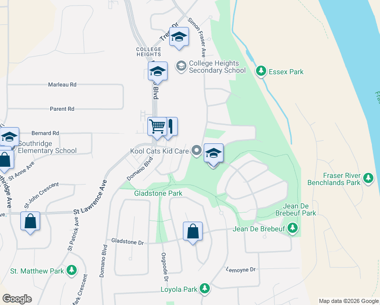 map of restaurants, bars, coffee shops, grocery stores, and more near Gladstone Drive in Prince George